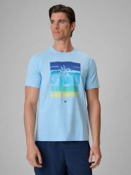 4F T-shirt regular z nadrukiem męski - niebieski M. Niebieskie t-shirty męskie 4F, m, bez wzorów, z bawełny, bez kołnierzyka, bez ramiączek. W wyprzedaży za 49.99 zł.