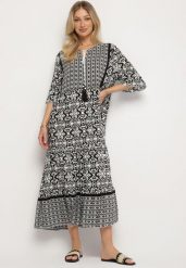 Czarna Bawełniana Sukienka w Stylu Boho z Wiązaniem Przy Dekolcie Orradelle. Czarne sukienki damskie Born2be, na co dzień, na lato, l, bez wzorów, z bawełny, boho, bez kołnierzyka, bez ramiączek, proste. Za 59.99 zł.