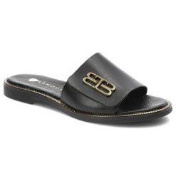 Czarne Klapki Armodo Modne Obuwie Damskie. Czarne klapki damskie Armodo, bez wzorów, ze skóry, eleganckie, bez obcasa, bez zapięcia. Za 239.00 zł.