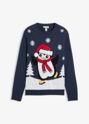Sweter z bożonarodzeniowym motywem. Niebieskie swetry męskie bonprix, l, bez wzorów, bez kołnierzyka, bez ramiączek. Za 129.99 zł.