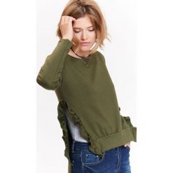 BLUZA NIEROZPINANA DAMSKA Z OZDOBNYMI ROZCIĘCIAMI I FALBANKAMI PO BOKACH. Brązowe bluzy damskie TROLL, na jesień, s, bez wzorów, bez ramiączek, bez kaptura. W wyprzedaży za 39.99 zł.