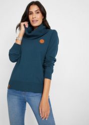 Sweter z dzianiny o splocie drobnych oczek, z szerokim golfem. Niebieskie swetry nierozpinane damskie bonprix, bez wzorów, z dzianiny, bez kołnierzyka, bez ramiączek. Za 99.99 zł.