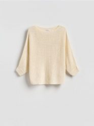 Gładki sweter - kremowy. Białe swetry nierozpinane damskie Reserved, l, bez wzorów, z dzianiny, bez kołnierzyka, bez ramiączek. Za 89.99 zł.