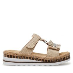 Klapki Rieker. Brązowe klapki damskie Rieker, bez wzorów, bez obcasa, bez zapięcia. Za 309.99 zł.