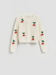 Kardigan z naszywanymi aplikacjami - kremowy. Białe kardigany damskie Reserved, l, z aplikacjami, z bawełny, bez kołnierzyka. Za 139.99 zł.