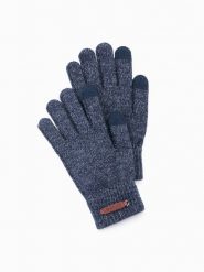 Dzianinowe rękawiczki męskie z wełną – granatowy melanż V3 OM-ACGL-0110 - one size. Niebieskie rękawiczki męskie Ombre Clothing, z aplikacjami, z dzianiny. Za 53.99 zł.