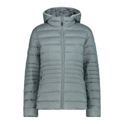 Kurtka puchowa damska z kapturem i zamkiem CMP. Szare kurtki sportowe damskie CMP, l, bez wzorów, z materiału, bez ramiączek, z kapturem, trekkingowe. Za 499.05 zł.