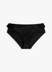 Figi bikini z wysoką talią i falbanką, szybkoschnące. Czarne stroje kąpielowe damskie bonprix, bez wzorów. Za 37.99 zł.