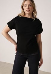 Czarny Bawełniany T-shirt z Marszczeniem w Talii i Dekoltem w Łódkę Savorith. Czarne t-shirty damskie Born2be, m, bez wzorów, z bawełny, biznesowe, bez kołnierzyka, bez ramiączek. Za 59.99 zł.