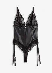 Body z efektem wetlook ze zdejmowanymi ramiączkami typu halter. Czarne body bonprix, bez wzorów. Za 112.99 zł.