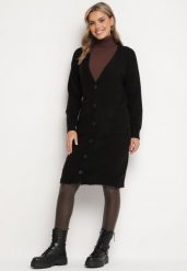 Czarny Długi Rozpinany Kardigan z Bawełną i Wełną Vamiel. Czarne kardigany damskie Born2be, bez wzorów, z bawełny, eleganckie, bez kołnierzyka. Za 99.99 zł.