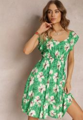 Zielona Rozkloszowana Sukienka Bawełniana w Kwiaty Maller. Zielone sukienki damskie Renee, na lato, l, bez wzorów, z bawełny, bez kołnierzyka, bez ramiączek, mini, rozkloszowane. Za 39.99 zł.