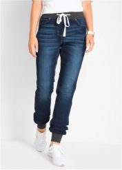 Dżinsy BOYFRIEND ze stretchem i wygodnym paskiem. Niebieskie jeansy damskie bonprix, bez wzorów, z dresówki. Za 142.99 zł.
