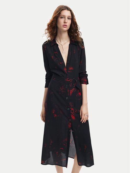 Desigual Sukienka koszulowa Scribbles Lacroix 24WWVW38 Czarny Regular Fit. Czarne sukienki damskie Desigual, m, bez wzorów, z wiskozy, bez kołnierzyka, bez ramiączek, koszulowe. Za 349.99 zł.
