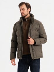 Męska kurtka casualowa puffer z wełną – ciemnooliwkowy melanż V4 OM-JAHP-0203 - XXL. Zielone kurtki męskie Ombre Clothing, l, z aplikacjami, z materiału. Za 371.99 zł.