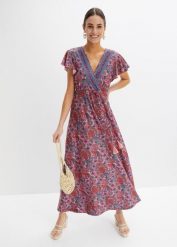 Długa sukienka z dżerseju z nadrukiem. Czerwone sukienki damskie bonprix, bez wzorów, z dżerseju, bez kołnierzyka, bez ramiączek, maxi. Za 169.99 zł.