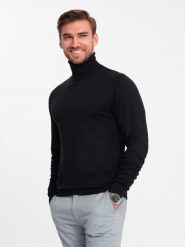Męski dzianinowy dopasowany golf z wiskozą - czarny V1 OM-SWTN-0101 - L. Czarne swetry męskie Ombre Clothing, l, bez wzorów, z dzianiny, bez kołnierzyka, bez ramiączek. W wyprzedaży za 79.99 zł.
