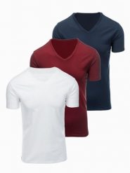 Zestaw męskich koszulek bawełnianych V-neck BASIC – biały/granatowy/bordowy V13 - Rozmiar: XXL. Czerwone t-shirty męskie Ombre Clothing, m, bez wzorów, z bawełny, bez kołnierzyka, bez ramiączek. W wyprzedaży za 118.99 zł.