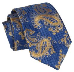 Krawat - ALTIES - Niebieski, Złote Paisley. Niebieskie krawaty i muchy Alties, bez wzorów, z tkaniny, eleganckie. Za 49.00 zł.
