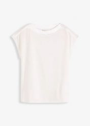T-shirt z satynowym karczkiem. Niebieskie t-shirty damskie bonprix, bez wzorów, z satyny, eleganckie, bez kołnierzyka, bez ramiączek. Za 102.99 zł.