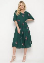 Ciemnozielona Wiskozowa Sukienka o Rozkloszowanym Kroju z Krótkim Rękawem Givinia. Zielone sukienki damskie Born2be, na co dzień, l, bez wzorów, z wiskozy, eleganckie, bez kołnierzyka, plus size, bez ramiączek, midi, proste. Za 74.99 zł.