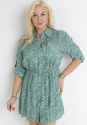 Zielona Koszulowa Sukienka Mini z Materiałowym Paskiem i Podpinanymi Rękawami Eleandia. Zielone sukienki damskie Born2be, na lato, l, bez wzorów, z materiału, bez kołnierzyka, plus size, bez ramiączek, mini, koszulowe. Za 69.99 zł.