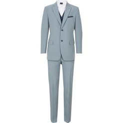 Garnitur 5-częściowy (marynarka, spodnie, kamizelka, krawat i chusteczka do butonierki) bonprix srebrny. Szare garnitury męskie bonprix, m, bez wzorów, eleganckie. Za 149.99 zł.