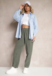 Ciemnozielone Bawełniane Spodnie High Waist w Klasycznym Stylu Arivora. Zielone spodnie materiałowe damskie Renee, bez wzorów, z bawełny, eleganckie, z podwyższonym stanem. Za 119.99 zł.