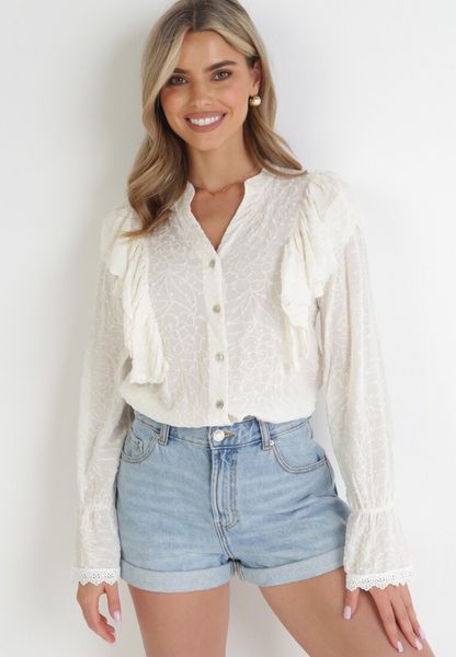 Beżowa Wiskozowa Koszula z Haftowanej Tkaniny z Falbankami Emsley. Brązowe koszule damskie Born2be, bez wzorów, z jeansu, eleganckie, bez kołnierzyka, bez ramiączek. Za 139.99 zł.