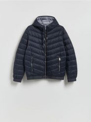 Pikowana kurtka z kapturem - granatowy. Niebieskie kurtki męskie Reserved, l, bez wzorów, z kapturem. Za 199.99 zł.