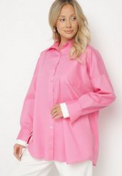 Fuksjowa Klasyczna Koszula z Bawełny o Kroju Oversize Ronavelle. Czerwone koszule damskie Born2be, uniwersalny, bez wzorów, z bawełny, biznesowe, bez kołnierzyka, bez ramiączek. Za 99.99 zł.