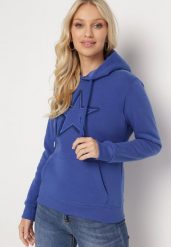 Niebieska Bluza Ocieplana z Nadrukiem Grolla. Niebieskie bluzy damskie Born2be, xl, bez wzorów, z polaru, casualowe, bez ramiączek, z kapturem. Za 84.99 zł.