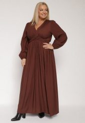 Brązowa Rozkloszowana Sukienka z Marszczeniem i Gumką w Pasie Fedorna. Brązowe sukienki damskie Born2be, na co dzień, plus size, bez wzorów, eleganckie, bez kołnierzyka, plus size, bez ramiączek, rozkloszowane. Za 169.99 zł.