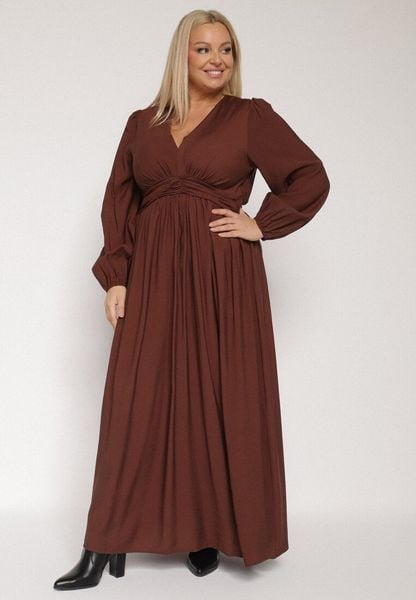 Brązowa Rozkloszowana Sukienka z Marszczeniem i Gumką w Pasie Fedorna. Brązowe sukienki damskie Born2be, na co dzień, plus size, bez wzorów, eleganckie, bez kołnierzyka, plus size, bez ramiączek, rozkloszowane. Za 169.99 zł.
