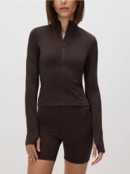 Bluza z suwakiem - ciemnobrązowy. Brązowe bluzy damskie Reserved, l, bez wzorów, z dzianiny, bez ramiączek, bez kaptura. Za 99.99 zł.