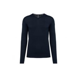 Ekologiczny sweter z dekoltem w szpic Kariban. Niebieskie swetry męskie KARIBAN, m, bez wzorów, bez kołnierzyka, bez ramiączek. Za 191.00 zł.