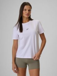 4F T-shirt regular gładki damski - biały XS. Białe koszulki sportowe damskie 4F, xs, bez wzorów, z materiału, bez ramiączek, na fitness i siłownię. Za 49.99 zł.