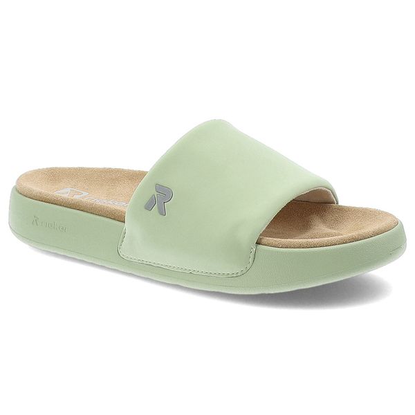 Zielone Klapki Rieker Wygodne Płaskie Obuwie Damskie. Zielone klapki damskie Rieker, na lato, bez wzorów, wakacyjne, bez obcasa, na płaskiej podeszwie, bez zapięcia. Za 199.00 zł.