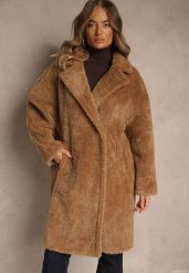 Brązowy Płaszcz Teddy o Dwurzędowym Kroju Oversize Azzena. Brązowe płaszcze damskie Renee, l, bez wzorów, z jeansu, bez kołnierzyka, bez kaptura. Za 299.99 zł.