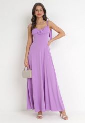 Fioletowa Rozkloszowana Sukienka Maxi z Wiązanymi Ramiączkami Lisija. Fioletowe sukienki damskie Born2be, m, bez wzorów, eleganckie, bez kołnierzyka, bez ramiączek, maxi, rozkloszowane. Za 139.99 zł.