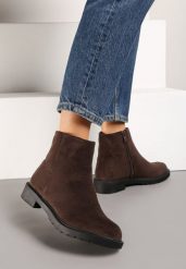 Brązowe Botki z Imitacji Zamszu w Eleganckim Stylu Niadoraea. Brązowe botki damskie Renee, na zimę, bez wzorów, z jeansu, eleganckie, bez obcasa, na obcasie, bez zapięcia. Za 99.99 zł.