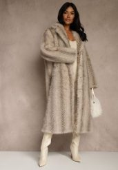 Jasnobeżowy Płaszcz Futerko o Jednorzędowym Fasonie Cataris. Brązowe płaszcze damskie Renee, l, bez wzorów, z futra, eleganckie, bez kołnierzyka, bez kaptura. Za 289.99 zł.