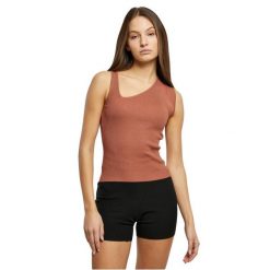 Damski asymetryczny dzianinowy tank top Urban Classics Rib. Brązowe topy damskie Urban Classics, bez wzorów, z dzianiny, z asymetrycznym kołnierzem, bez ramiączek. Za 183.50 zł.