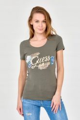 GUESS Damski zielony t-shirt ze zdobionym logo. Zielone t-shirty damskie Guess, s, z aplikacjami, z bawełny, bez kołnierzyka, bez ramiączek. W wyprzedaży za 199.99 zł.