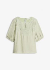 Bluzka tunikowa z haftem, lekko prześwitująca. Zielone bluzki damskie bonprix, bez wzorów, eleganckie, bez kołnierzyka, bez ramiączek. Za 54.99 zł.