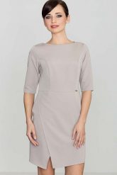 Beżowa Elegancka Sukienka z Asymetrycznym Rozporkiem. Brązowe sukienki damskie Katrus, l, bez wzorów, z materiału, eleganckie, z asymetrycznym kołnierzem, bez ramiączek, asymetryczne. Za 239.00 zł.