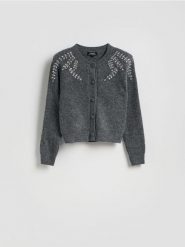 Kardigan z aplikacjami - ciemnoszary. Szare kardigany damskie Reserved, l, z aplikacjami, z dzianiny, bez kołnierzyka. Za 239.99 zł.