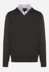 Ciemnoszary Sweter z Wełną i Koszulowym Kołnierzykiem Espirra. Szare swetry męskie Born2be, l, bez wzorów, z wełny, biznesowe, bez kołnierzyka, bez ramiączek. Za 59.99 zł.