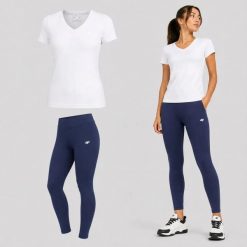 ZESTAW DAMSKI 4F T-SHIRT + LEGGINSY SPORTOWY KOMPLET NA CO DZIEŃ S SS26. Legginsy damskie 4F, bez wzorów, z bawełny. Za 88.50 zł.
