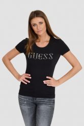 GUESS Czarny T-shirt z cyrkoniami. Czarne t-shirty damskie Guess, s, z aplikacjami, bez kołnierzyka, bez ramiączek. W wyprzedaży za 163.99 zł.